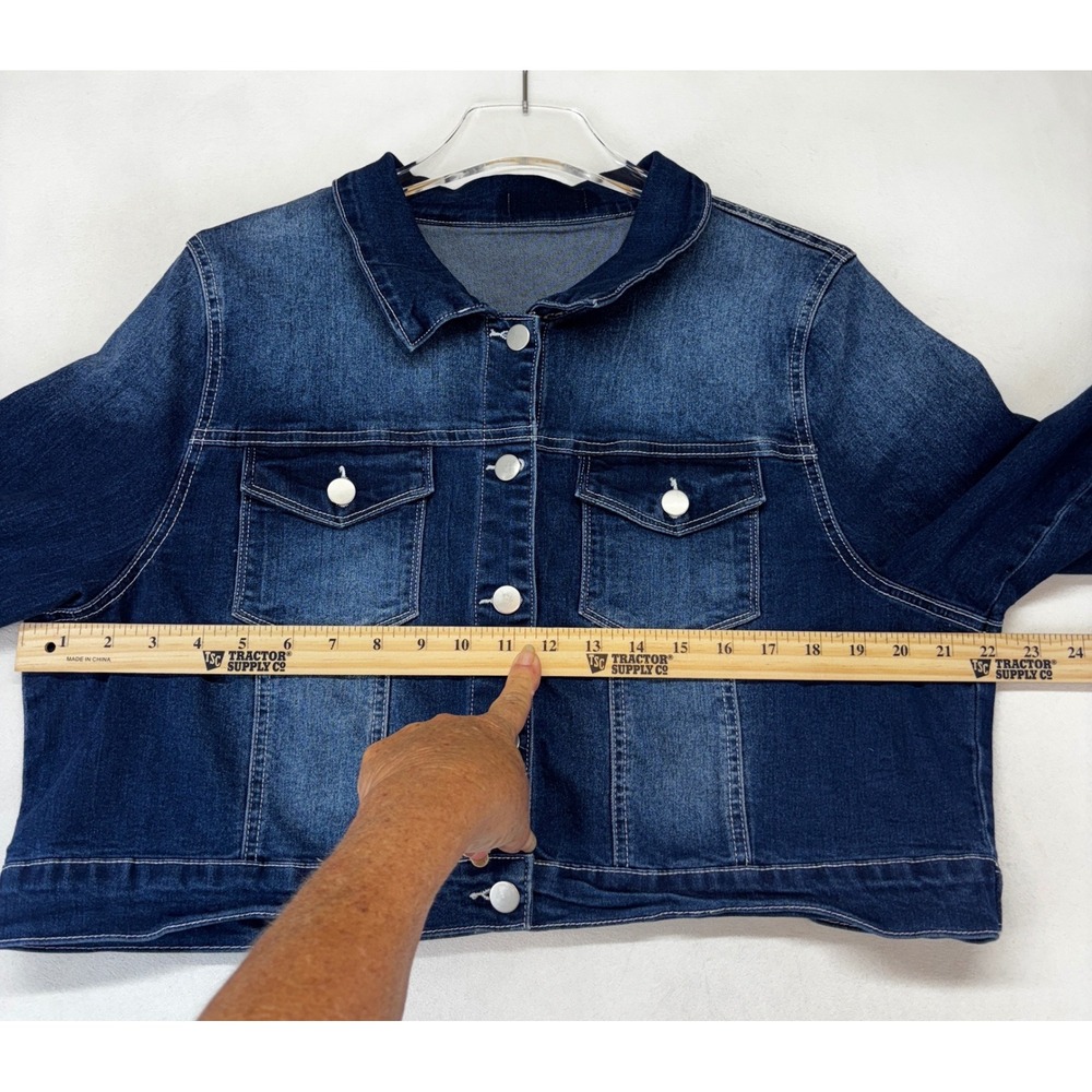 Allegra K Denim Jacket Women XL Dark Blue Cropped Stretch Button Front Trucker - Picture 4 of 6